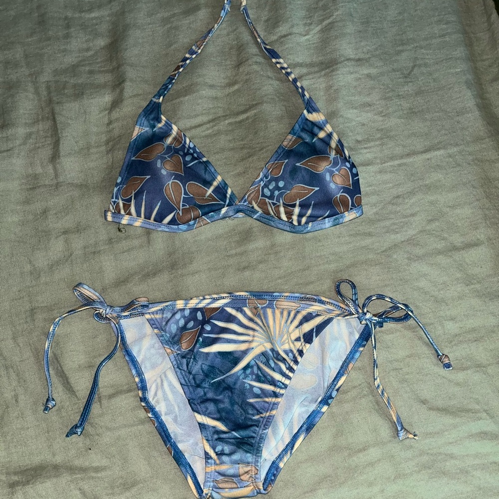 Blue and Tan Leaf Print Bikini